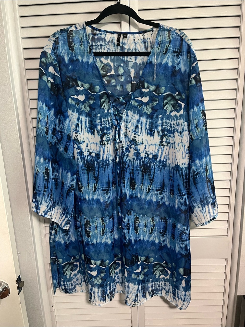 Blue Tie-Dye V-Neck Swim Coverup with Lace-Up Detail